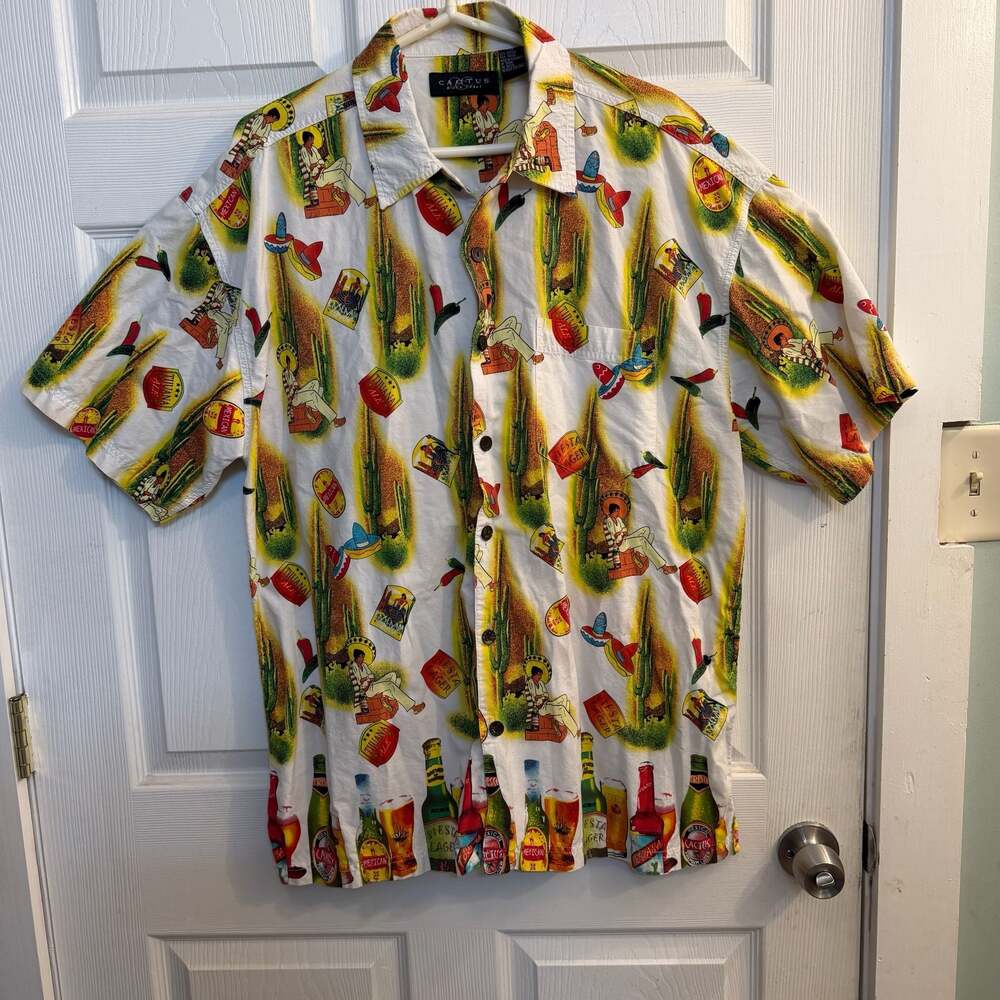 Cactus Black Label Mexican Beer Novelty Print Short Sleeve Shirt XXL Siesta Lage